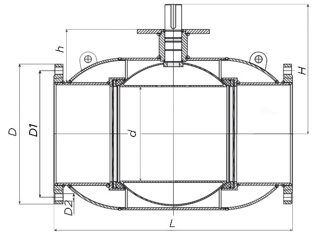 Эскиз размеров крана шарового Also КШ.Ф.Р.080.25-01 Ду80 Ру25 стандартнопроходной, фланцевый