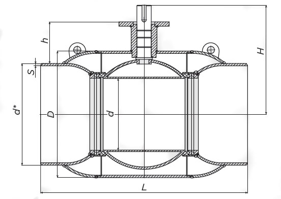 Эскиз размеров крана шарового Also КШ.П.Р.150.25-01 Ду150 Ру25 стандартнопроходной, под приварку