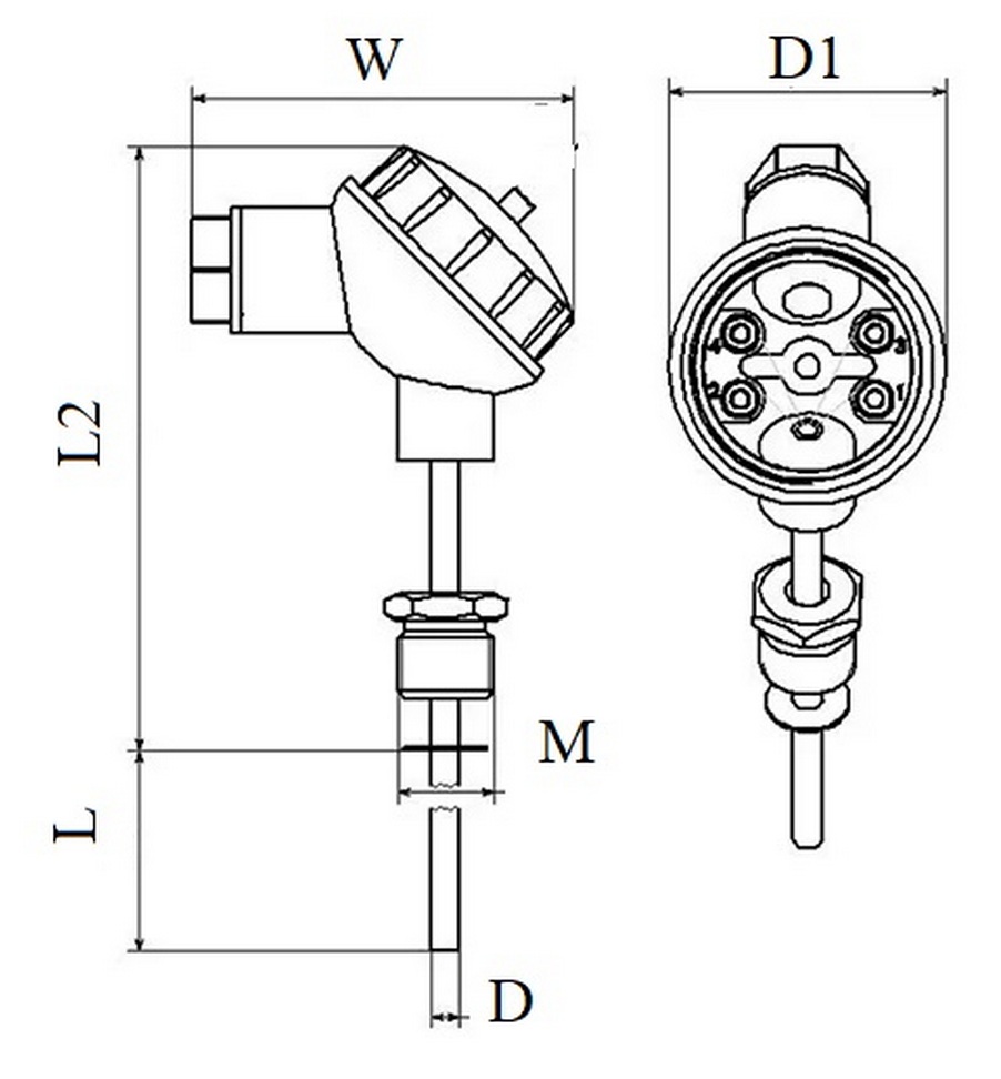 Термопреобразователь сопротивления Прома tsp101-r, платиновый чувствительный элемент, с монтажной гайкой G1/2″, L 80 мм, Pt500 Ом, класс допуска А, 4 контакта, (-50 °C : +200 °C)