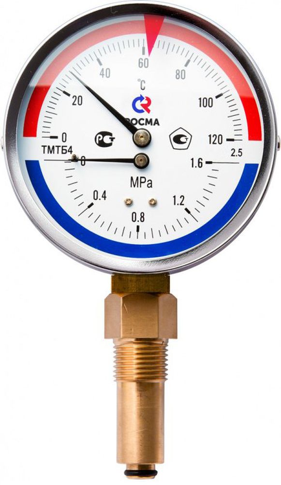 Термоманометр Росма ТМТБ-41Р.1 (0-150С) (0-0,25MПa) G1/2 2,5, корпус 100мм, тип - ТМТБ-41Р.1, длина клапана 46мм,  до 150°С, радиальное присоединение, 0-0,25MПa, резьба G1/2, класс точности 2.5