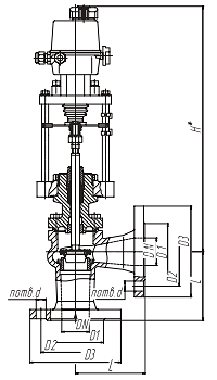 Чертеж Клапан запорно-регулирующий угловой КЗРУ 26ч945п Ду150 Ру16 с приводом ST
