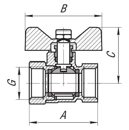 Кран шаровой AQUALINK ВР-ВР 1/2″ Ду15 Ру40 стандартнопроходной муфтовый для газа, латунный, внутренняя/внутренняя резьба, управление ручка-бабочка