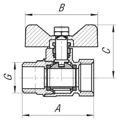 Кран шаровой AQUALINK ВР-НР 3/4″ Ду20 Ру40 стандартнопроходной муфтовый для газа, латунный, внутренняя/наружная резьба, управление ручка-бабочка