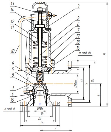 Клапан предохранительный Арма-Пром 17с28нж Ду32x50 Ру16 полноподъемный пружинный угловой, корпус - сталь, тип присоединения - фланцевое, с настройкой диапазона давления 4-8 Мпа