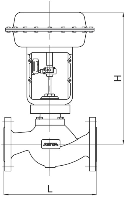 Клапан регулирующий АСТА Р123-CM-1 Ду32 Ру25, фланцевый неразгруженный, корпус – высокопрочный чугун, Тmax=220°C, с электроприводом ЭПА 1.8 кН 220B (4-20 мА) 