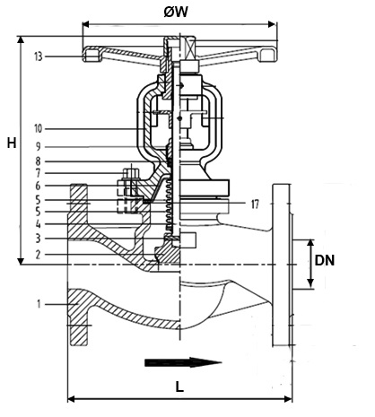 Клапан запорный сильфонный АСТА В333 Ду50 Ру40, стальной, фланцевый, уплотнение - METAL-METAL, Tмакс=400°С