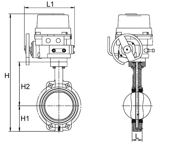 Затвор дисковый поворотный Dendor 017W Ду200 Ру16 межфланцевый, корпус - чугун, диск - чугун, уплотнение - EPDM,с электроприводом неполнооборотным QT 380В