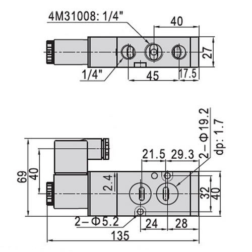 Краны шаровые нержавеющие 3-ходовые T-тип стандартнопроходные DN.ru RP.SS316.200.MM.010(-100)-ISO Ду10-100 Ру63, муфтовые с ISO с пневмоприводами DN.ru-SA, пневмораспределителем 4M310-08 220В, блоком концевых выключателей APL-210N и ручным дублером HDM