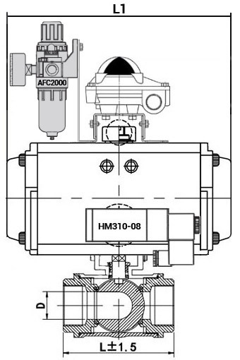 Кран шаровой нержавеющий 3-ходовой L-тип стандартнопроходной DN.ru RP.SS316.200.MM.065-ISO Ду65 Ру63 SS316 муфтовый с ISO фланцем, пневмоприводом DA-083, пневмораспределителем 4M310-08 24 В, БКВ APL-210N и БПВ AFC2000