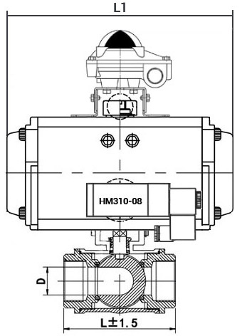 Кран шаровой нержавеющий 3-ходовой T-тип стандартнопроходной DN.ru RP.SS316.200.MM.080-ISO Ду80 Ру63 SS316 муфтовый, пневмоприводом DA-083, пневмораспределителем 4M310-08 24В и блоком концевых выключателей APL-410N EX
