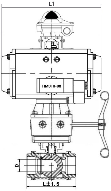 Кран шаровой нержавеющий 3-ходовой T-тип стандартнопроходной DN.ru RP.SS316.200.MM.020-ISO Ду20 Ру63 SS316 муфтовый, пневмоприводом SA-065, пневмораспределителем 4M310-08 220В, БКВ APL-210N и ручным дублером HDM-1