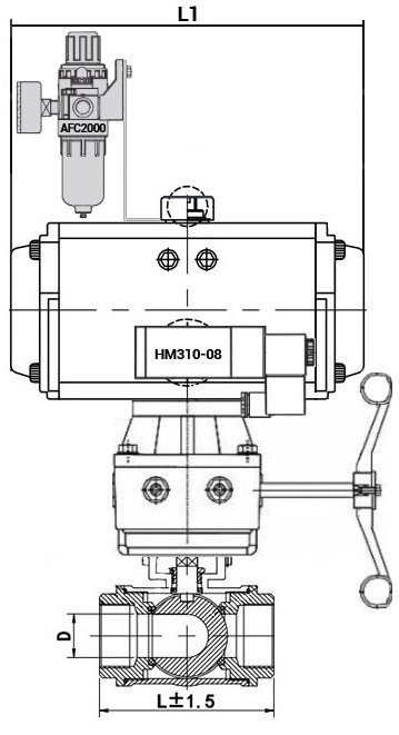 Кран шаровой нержавеющий 3-ходовой T-тип стандартнопроходной DN.ru RP.SS316.200.MM.032-ISO Ду32 Ру63 SS316 муфтовый с ISO фланцем, пневмоприводом DA-052, пневмораспределителем 4M310-08 24 В, ручным дублером HDM-1 и БПВ AFC2000