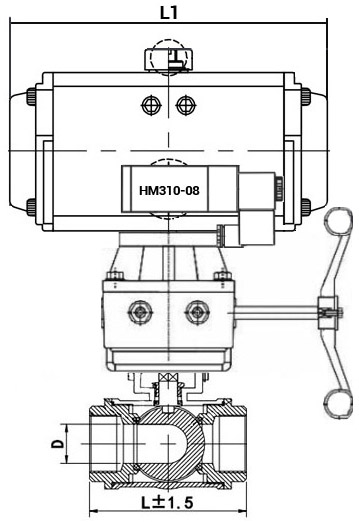 Кран шаровой нержавеющий 3-ходовой T-тип стандартнопроходной DN.ru RP.SS316.200.MM.040-ISO Ду40 Ру63 SS316 муфтовый, пневмоприводом DA-065, пневмораспределителем 4M310-08 24В и ручным дублером HDM-1