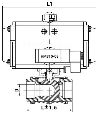 Кран шаровой нержавеющий 3-ходовой L-тип стандартнопроходной DN.ru RP.SS316.200.MM.100-ISO Ду100 Ру63 SS316 муфтовый c пневмоприводом DN.ru SA-105 c пневмораспределителем DN.ru 4M310-08 24В