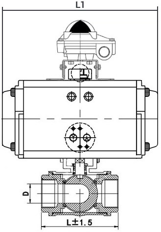 Кран шаровой нержавеющий 3-ходовой T-тип стандартнопроходной DN.ru RP.SS316.200.MM.025-ISO Ду25 Ру63 SS316 муфтовый, пневмоприводом DA-052 и блоком концевых выключателей APL-410N EX