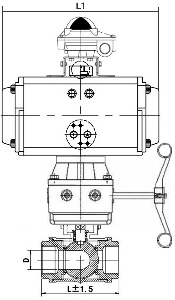Кран шаровой нержавеющий 3-ходовой T-тип стандартнопроходной DN.ru RP.SS316.200.MM.100-ISO Ду100 Ру63 SS316 муфтовый, пневмоприводом SA-105, БКВ APL-210N и ручным дублером HDM-3