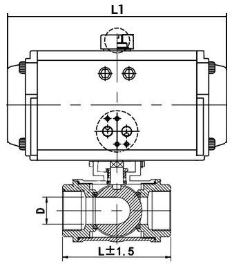 Кран шаровой нержавеющий 3-ходовой L-тип стандартнопроходной DN.ru RP.SS316.200.MM.080-ISO Ду80 Ру63 SS316 муфтовый c пневмоприводом DN.ru DA-083 двойного действия