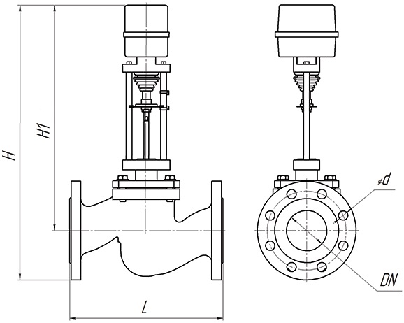 Клапан регулирующий двухходовой DN.ru 25ч945п Ду15 Ру16 Kvs2,5, серый чугун СЧ20, фланцевый, Tmax до 150°С с электроприводом DAV 1500 - 24В
