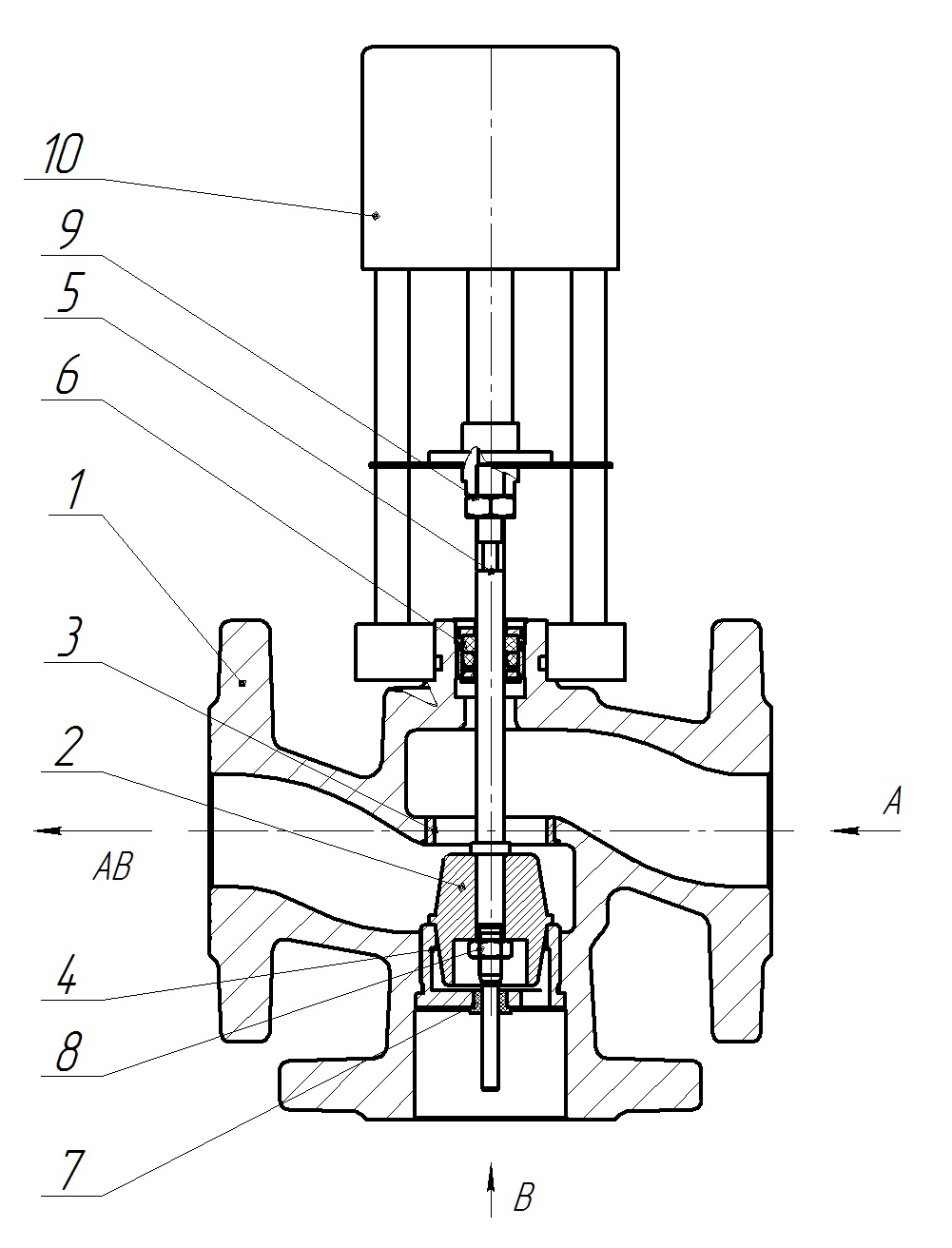 Клапан регулирующий трехходовой смесительный КССР серии 100 Ду80 Ру16 Kvs40 серый чугун СЧ20, фланцевый, Tmax до 150°С с электроприводом Катрабел TW-3000-XD220