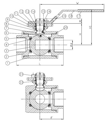 Эскиз Кран шаровой трехходовой Genebre 2040 09 2″ Ду50 Ру63, тип L, стандартнопроходной, резьбовой