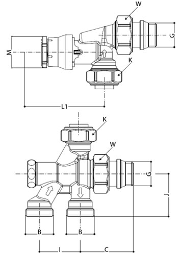 Комплекты термостатические для бокового подключения радиатора Giacomini R438P 1/2x3/4″ Ду15 Ру10 угловые осевые, для двухтрубной системы отопления, корпус - латунь, клипсовое присоединение