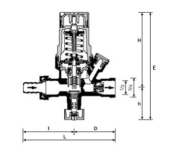 Эскиз Клапан подпиточный Honeywell VF06 1/2″ Ду15 Ру16 внутренняя/наружная резьба, латунный, мембранный, со штуцером для шланга  (VF06 - 1/2A)