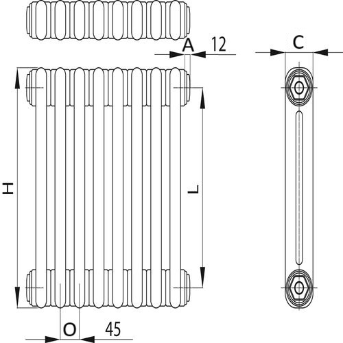 Радиаторы стальные трубчатые IRSAP Tesi 2 высота 1800 мм, 3-22 секции, присоединение G1/2″, нижнее подключение без клапана T18, цвет - белый