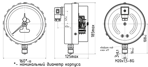 Вакууметры ФИЗТЕХ ДВ2005ф от -100 до 0кПа, класс точности 1,5, электроконтактные, с сигнализирующим устройством тип V, радиальное присоединение