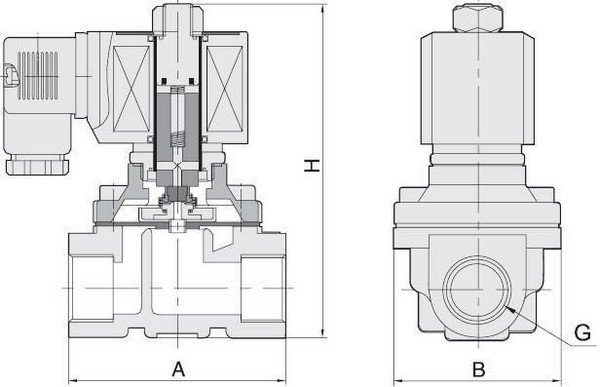Эскиз Клапан электромагнитный Smart SM-5563 G 3/8″ Ду10 Ру10 резьбовой, прямого действия, нормально закрытый, стальной, уплотнение FKM, AC 24V