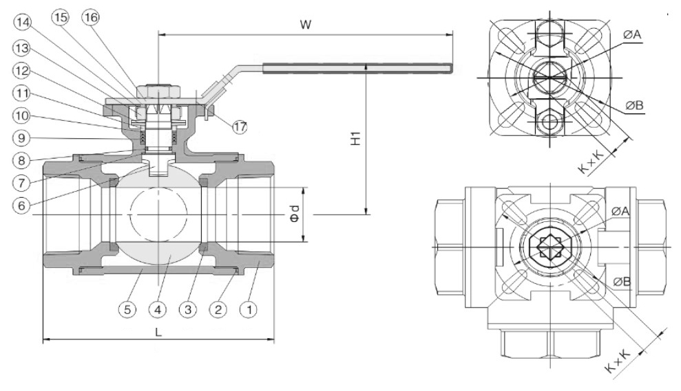 Кран шаровой NewKey NK-BTI/4 2″ Ду50 Ру40 L-тип, стандартнопроходной, трехходовой, внутренняя резьба, корпус – нержавеющая сталь AISI304 (CF8)