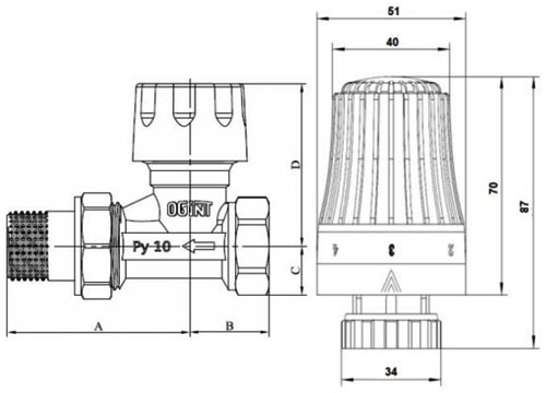 Комплекты термостатические 2 в 1 для подключения радиатора Ogint 1/2″ Ду15 Ру10 6-28 °C прямые, для двухтрубной системы отопления, корпус - латунь, присоединение - накидная гайка