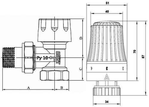 Комплекты термостатические 2 в 1 для подключения радиатора Ogint 1/2″ Ду15 Ру10 6-28 °C угловые, для двухтрубной системы отопления, корпус – латунь, присоединение - накидная гайка