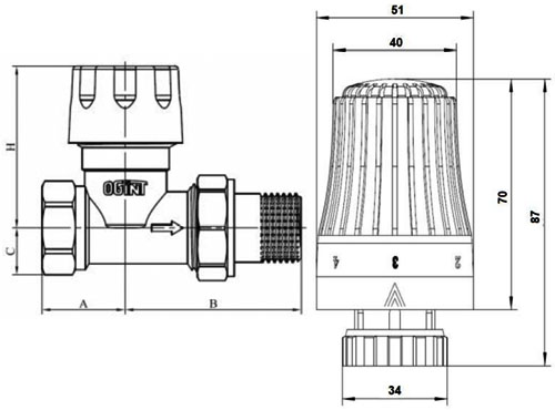 Комплекты термостатические 3 в 1 для бокового подключения радиатора Ogint 1/2″ Ду15 Ру10 6-28 °C прямые, для двухтрубной системы отопления, корпус - латунь, присоединение - накидная гайка