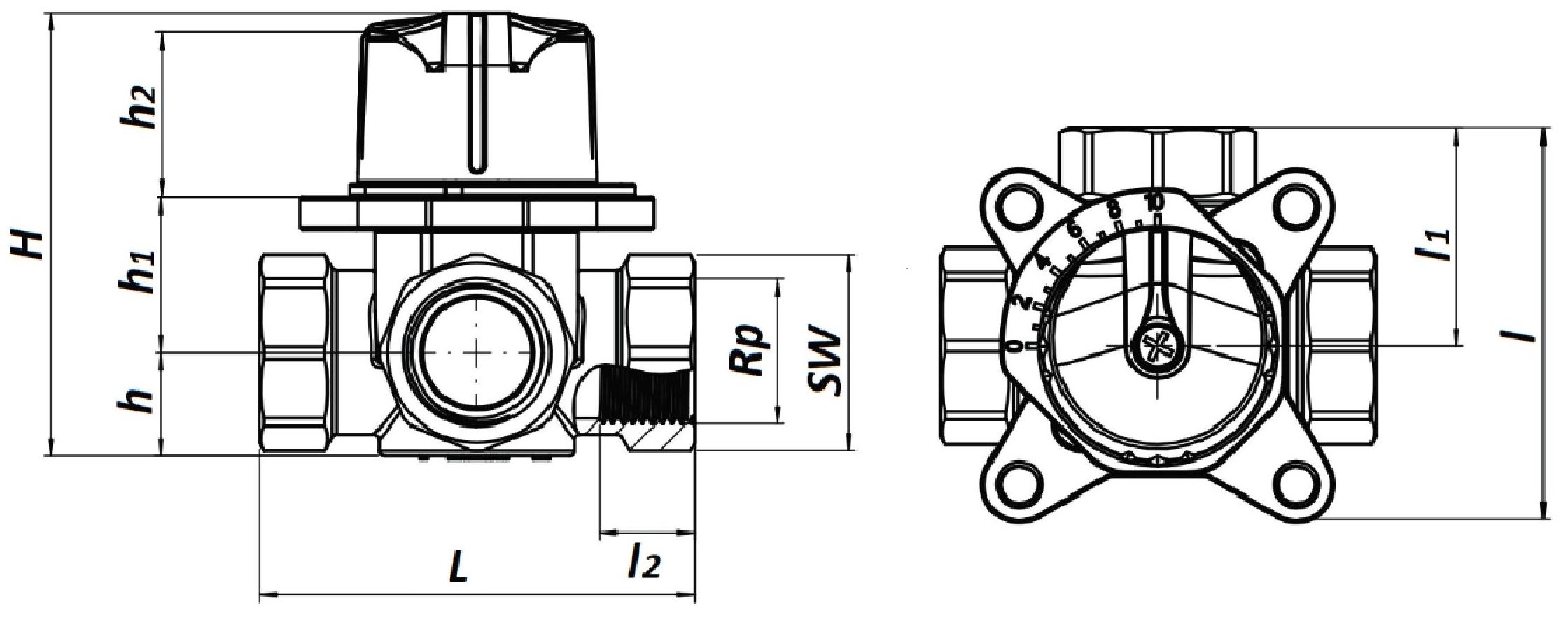 Клапан запорно-регулирующий ROMMER RVM-0003 1/2” Ду15 Pу10 Kvs 2,5 корпус – латунь, уплотнение – EPDM, трехходовой, сместительный, поворотный