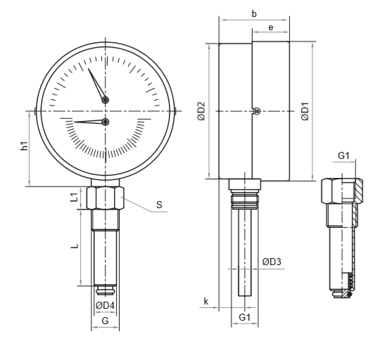 Термоманометры Росма ТМТБ-41Р.3, корпус 100мм, тип - ТМТБ-41Р, длина клапана 100мм, 0-120°С, радиальное присоединение, класс точности 2.5