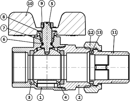 Кран шаровой STOUT SVB-1007 1 1/4″ Ду32 Ру40 полнопроходной муфтовый, латунный, внутренняя резьба/американка, управление ручка-бабочка