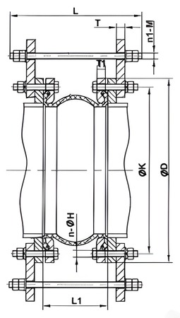 Компенсаторы резиновые Tecofi DI 7251N Ду32-300 фланцевые, со скользящими фланцами и ограничителями хода