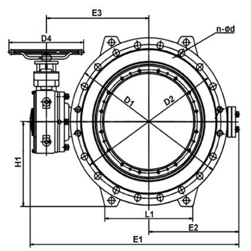 Затвор дисковый поворотный Tecofi TECWAT VP 4248-08 Ду1200 Ру16 фланцевый с двойным эксцентриситетом, корпус - чугун, диск - чугун, уплотнение - EPDM, с редуктором